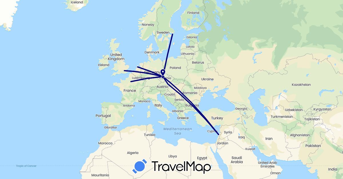 TravelMap itinerary: driving in Austria, Czech Republic, France, United Kingdom, Lebanon, Netherlands, Sweden (Asia, Europe)
